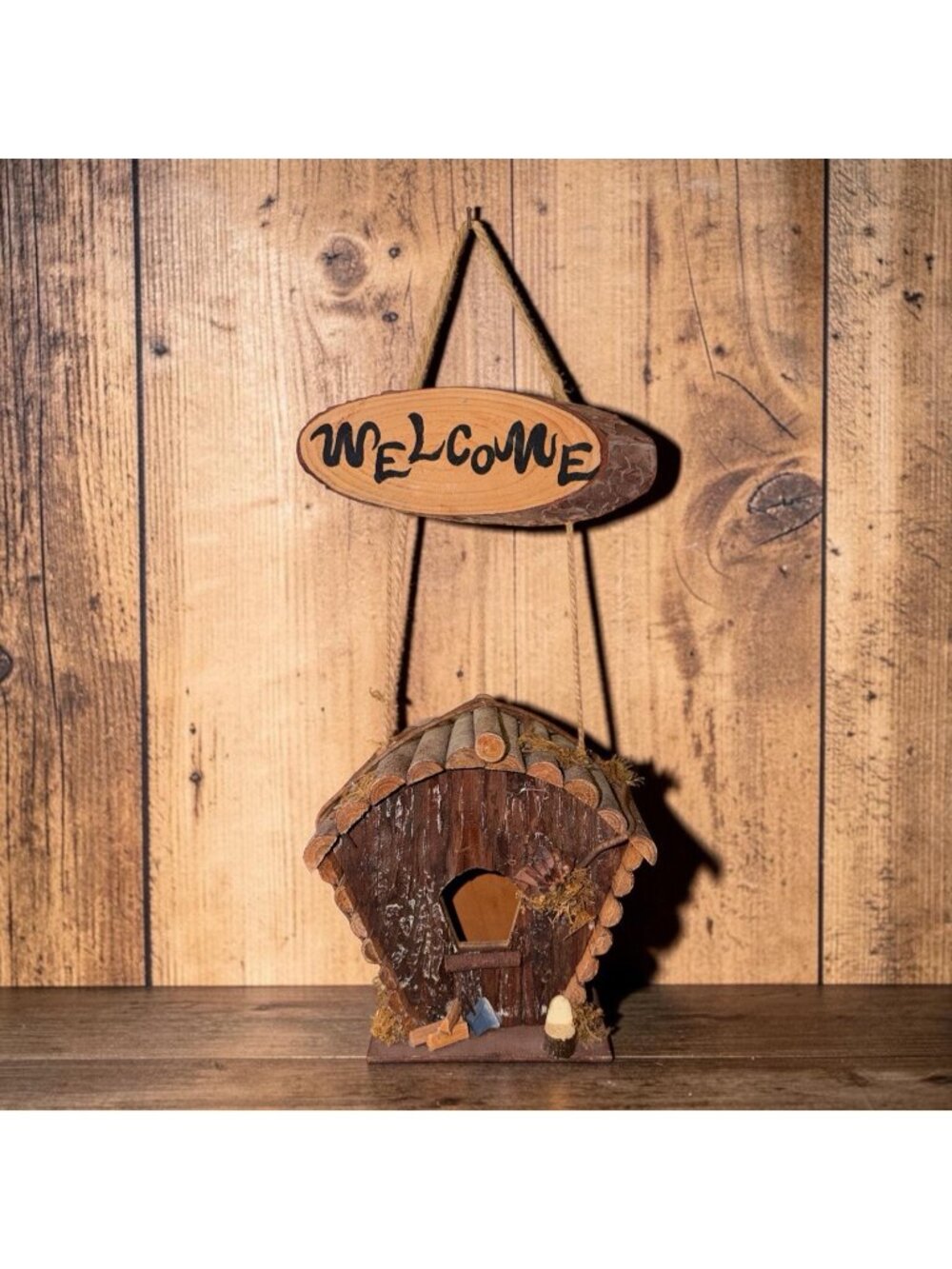 Handmade Log Cabin Lodge Hanging Birdhouse Rustic Farmhouse Primitive Cottage